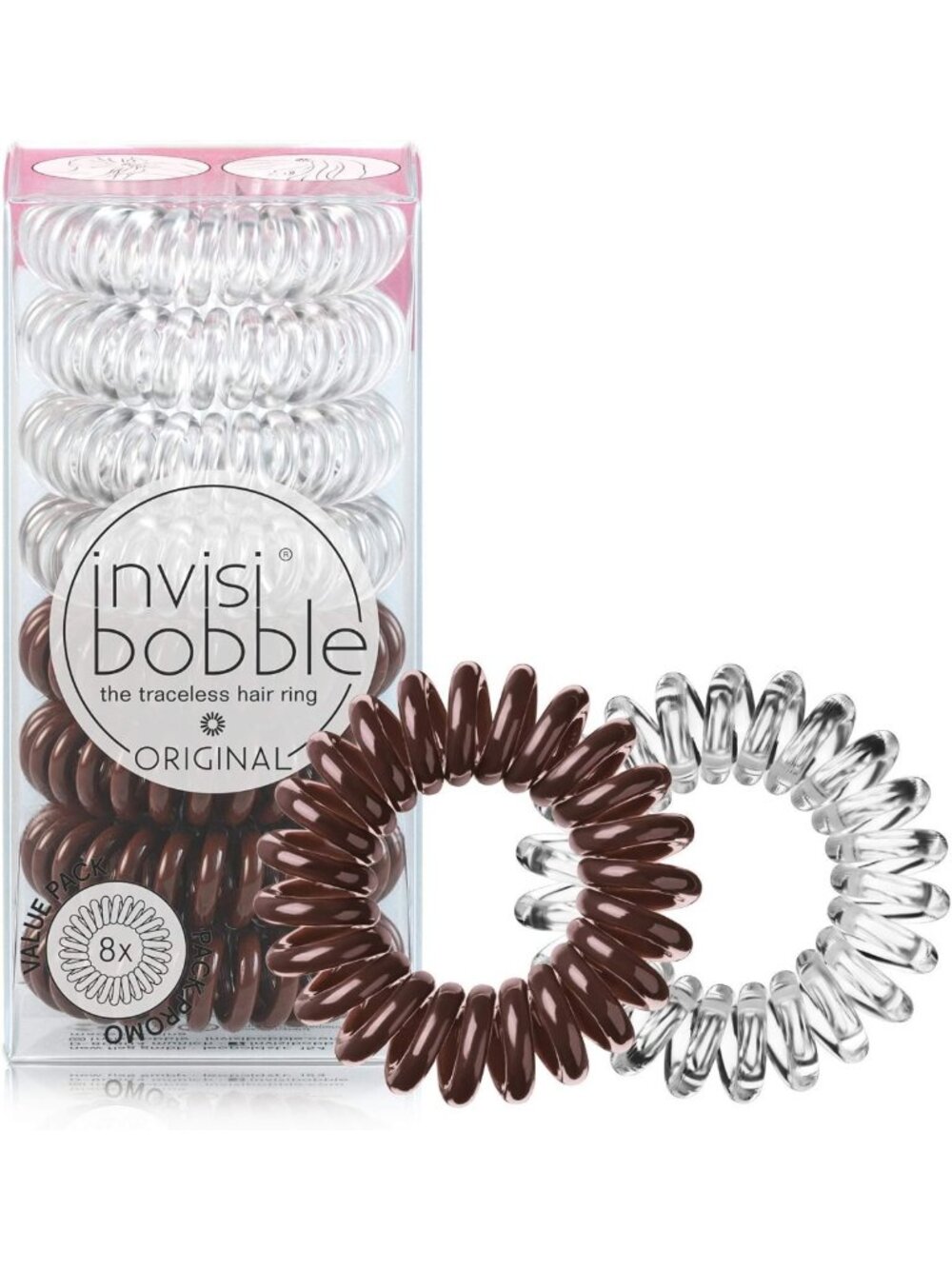 Traceless Spiral Hair Ties - 8 Pack, Crystal Clear & Pretzel Brown - Strong Grip